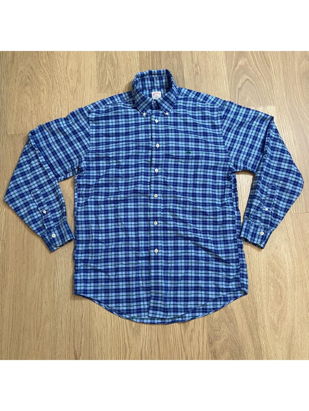 Brooks Brothers Men's Medium Blue Green Plaid Button-Down Cotton Shirt